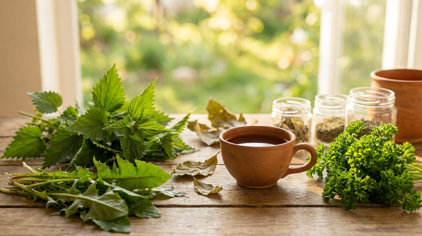 Morgenritual zum Entwässern: Warmwasser, Kräuter und Hildegard-Übungen für den Start – KI-generiertes Bild (Nano Banana Pro)